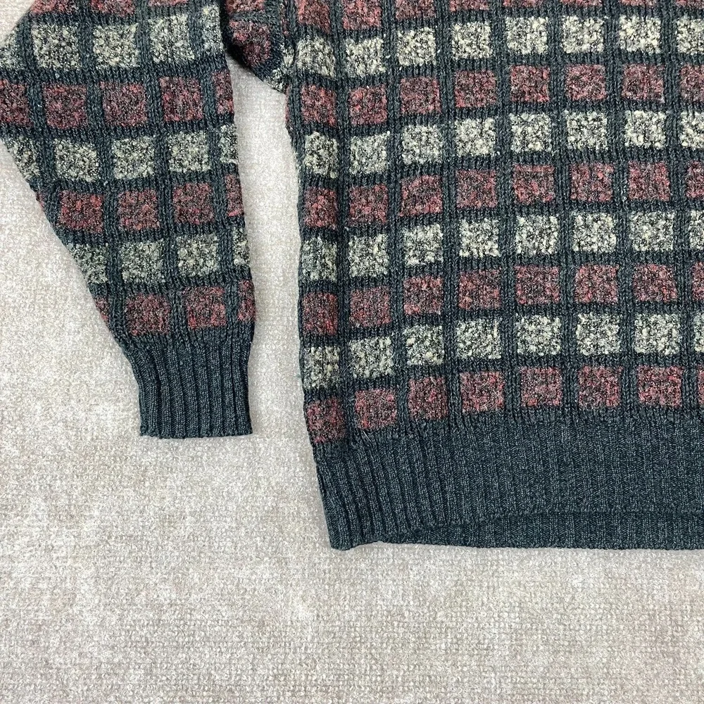 Vintage Jantzen Sweater Mens Large Multicolor Textured Plaid Tight Knit Ribbed